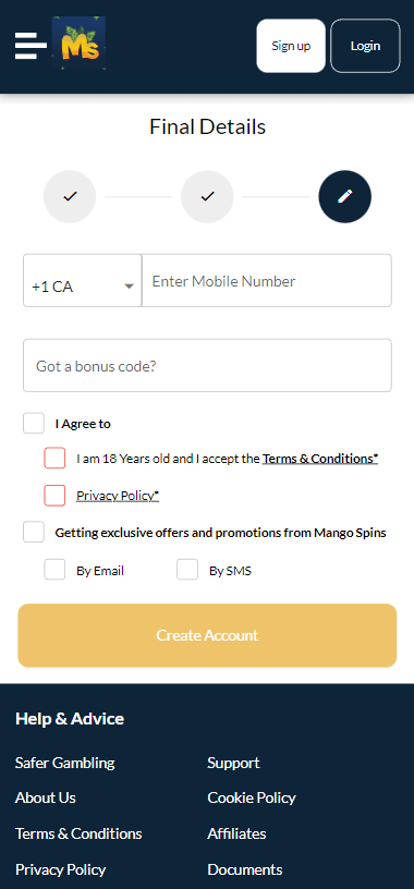 Registering on Mango Spins Casino Image 3