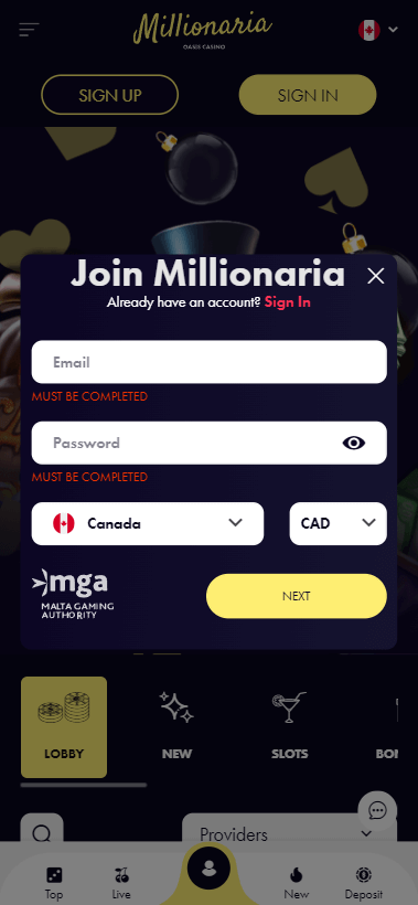 Illustration of Millionaria Casino Sign-Up Process - Image 1