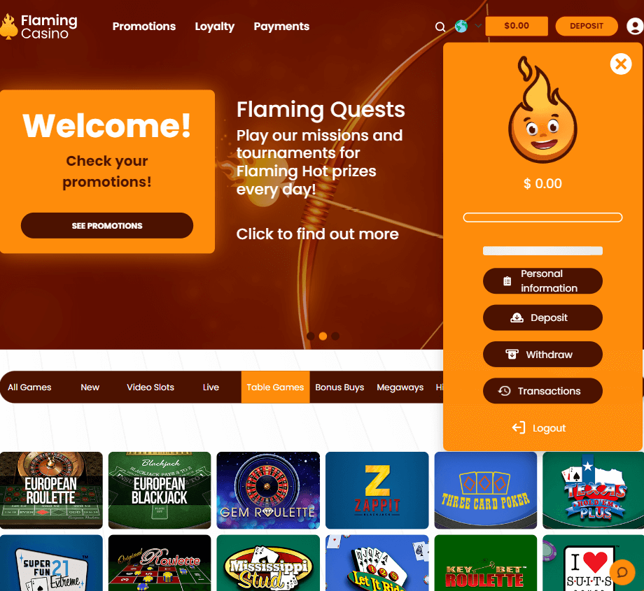Flaming Casino Desktop Preview 2