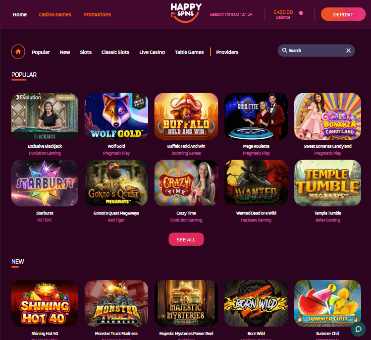 HappySpins Casino Desktop Preview 1