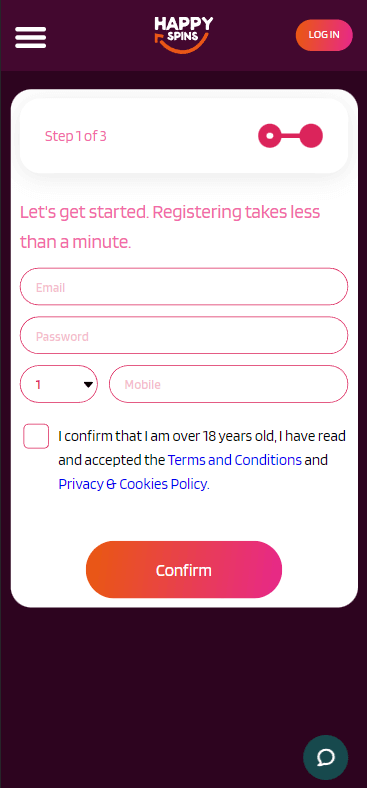 Image of HappySpins Casino Registration Process 1