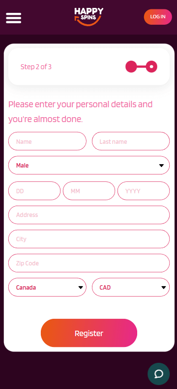 Image of HappySpins Casino Registration Process 2