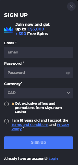 Image depicting the SkyCrown Casino's signup procedure - 1