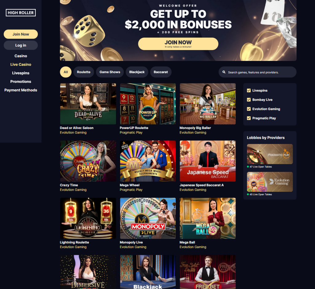 HighRoller Casino Desktop Preview 1