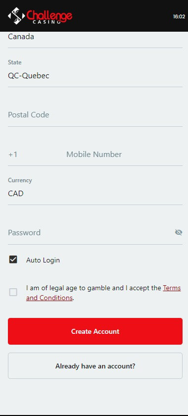 Snapshot of Challenge Casino Registration Process - Image 2