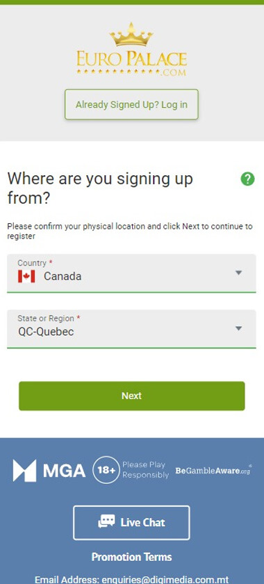 Illustration of Euro Palace Casino Registration Step 1