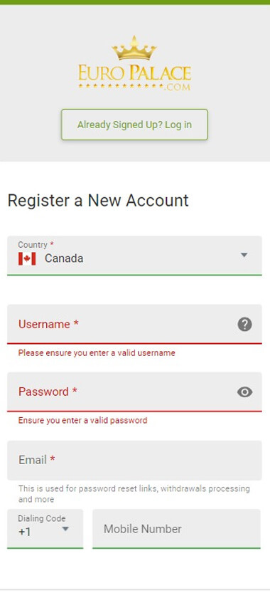 Illustration of Euro Palace Casino Registration Step 2