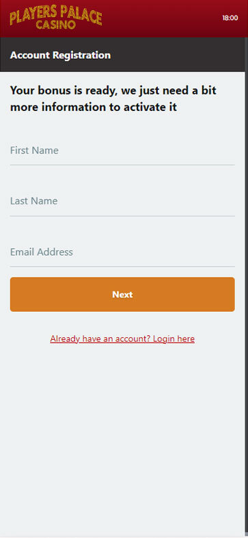Image of the Players Palace Casino Registration Process Step 1
