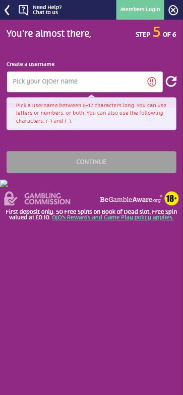 PlayOJO Casino Registration Process Image: Step 2