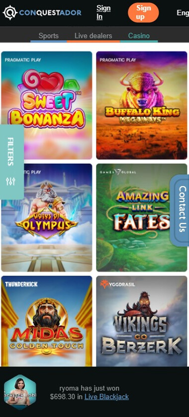 A Glimpse at Conquestador Casino's Mobile Version 2