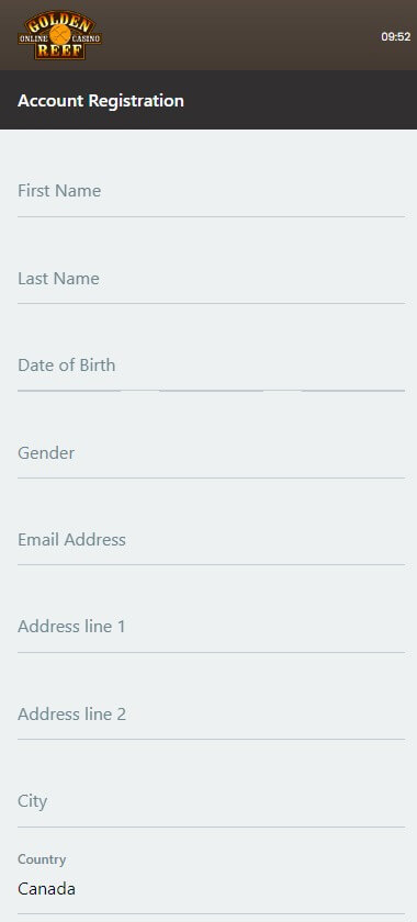 Golden Reef Casino Account Setup Step 1