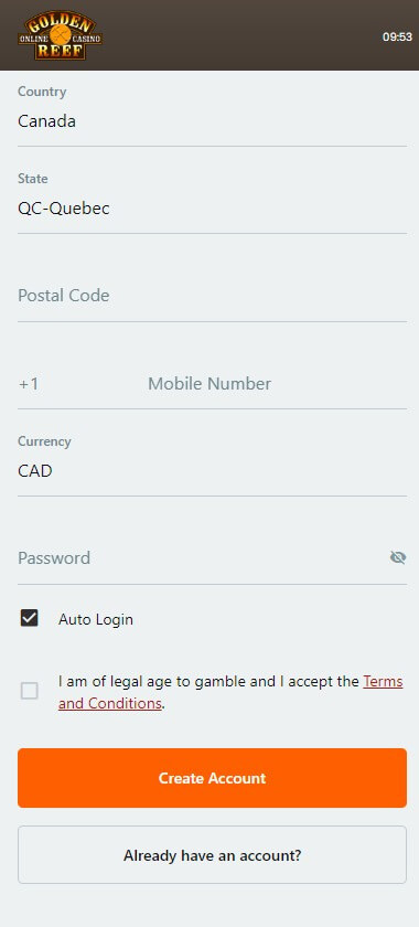 Golden Reef Casino Account Setup Step 2