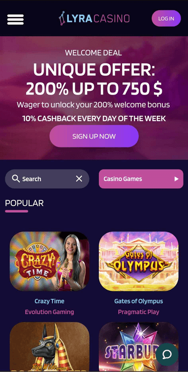 Lyra Casino Mobile Preview 1