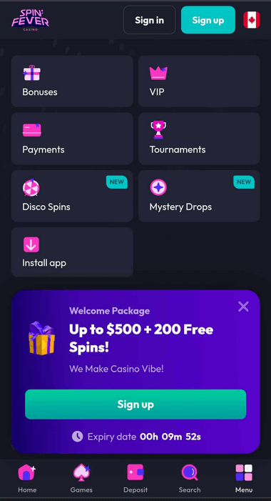 SpinFever Casino Mobile Preview 2
