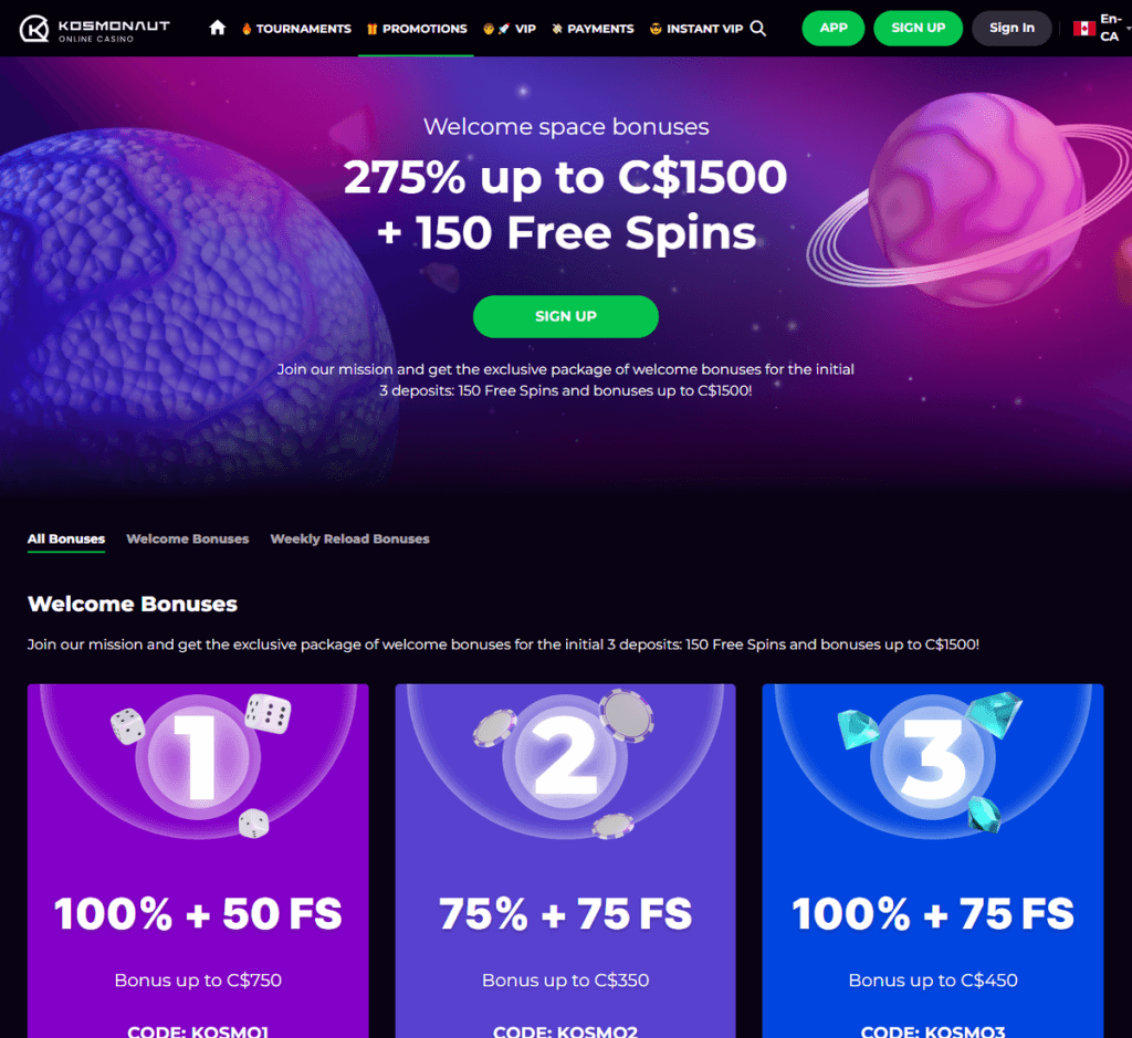 Kosmonaut Casino Desktop Preview 1