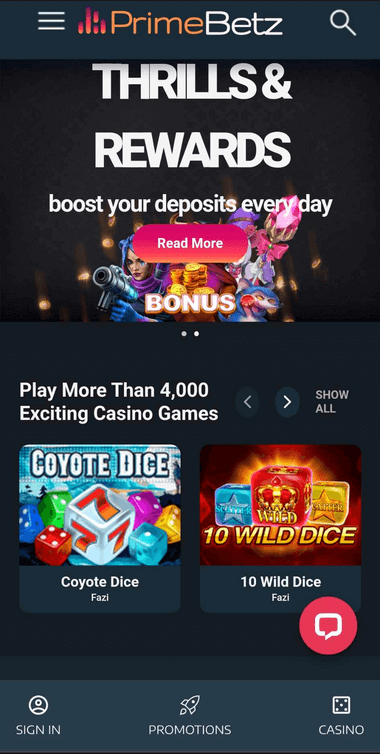 PrimeBetz Casino Mobile Preview 1