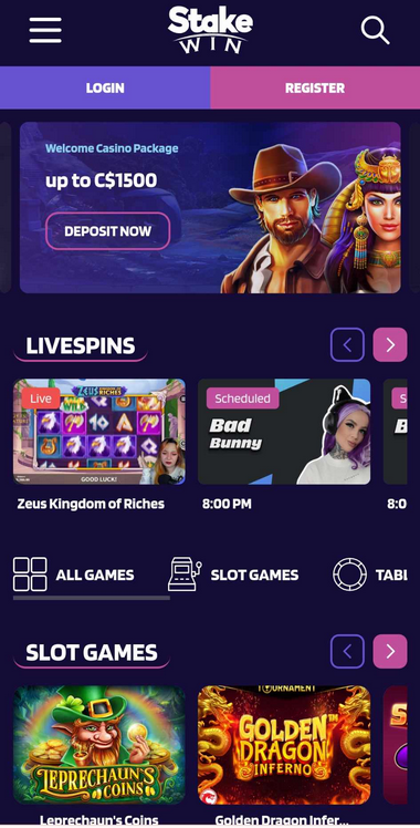 StakeWin Casino Mobile Preview 1