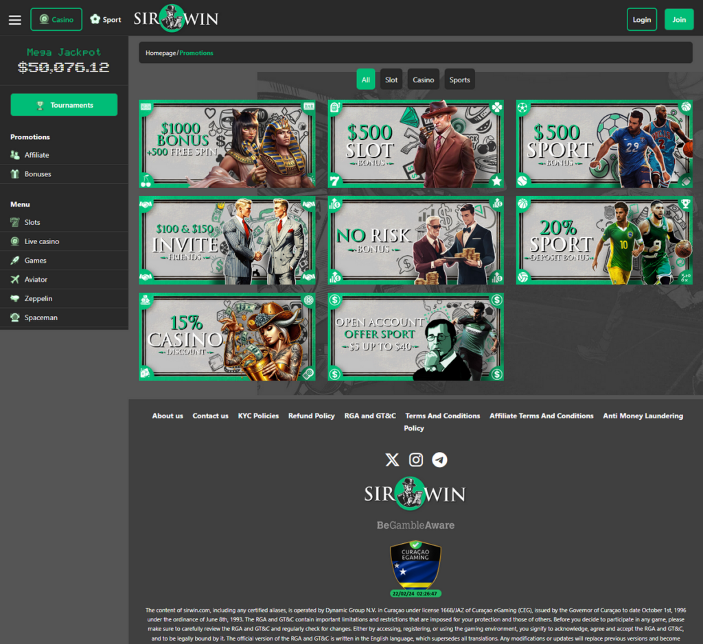 SirWin Casino Desktop Preview 1