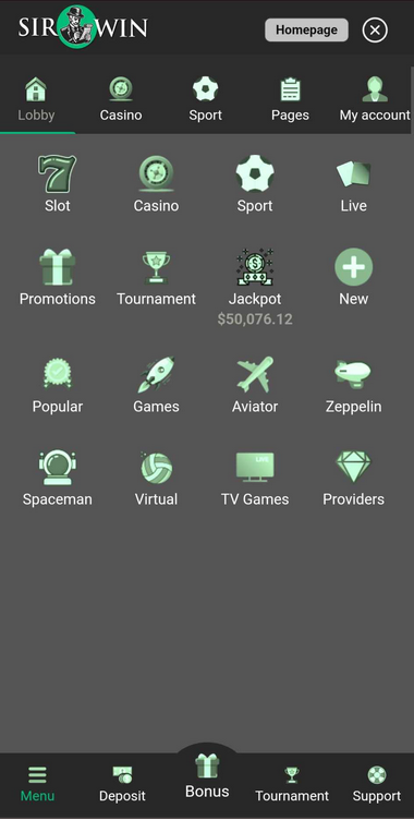 SirWin Casino Mobile Preview 2