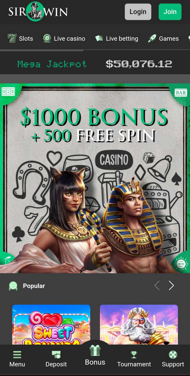 SirWin Casino Mobile Preview 1