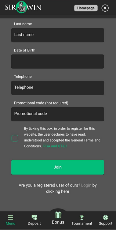 SirWin Casino Registration Process Image 1