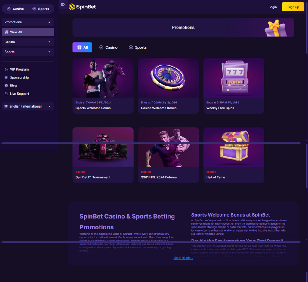SpinBet Casino Desktop Preview 1