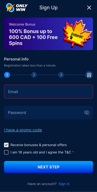 Steps to Register at OnlyWin Casino: Image 1