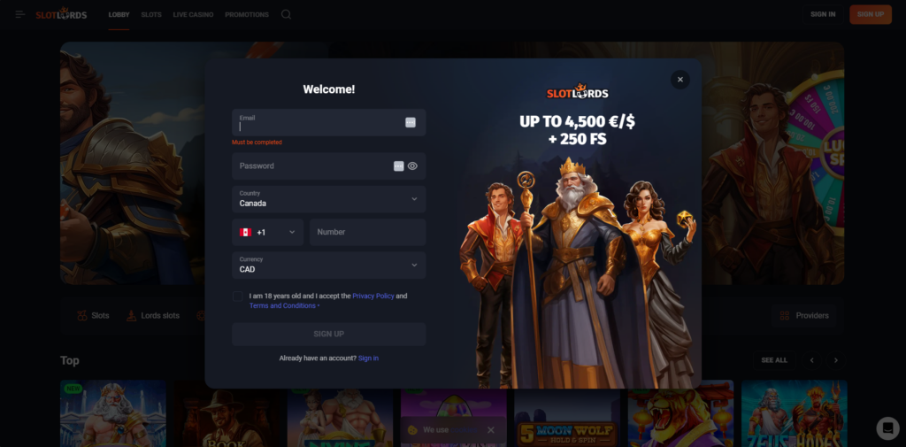 Snapshot of Slot Lords Casino Account Registration Process