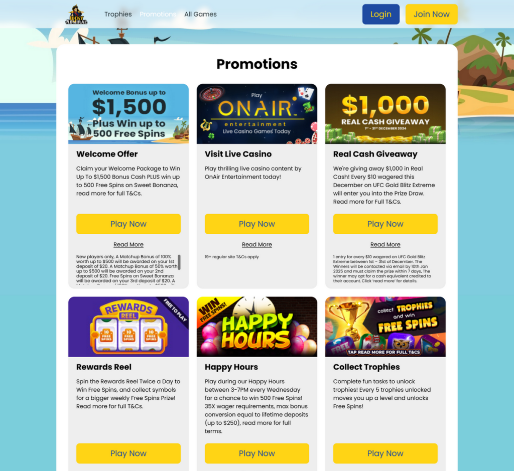 A Closer Look at the Desktop Interface of Lucky Admiral Casino